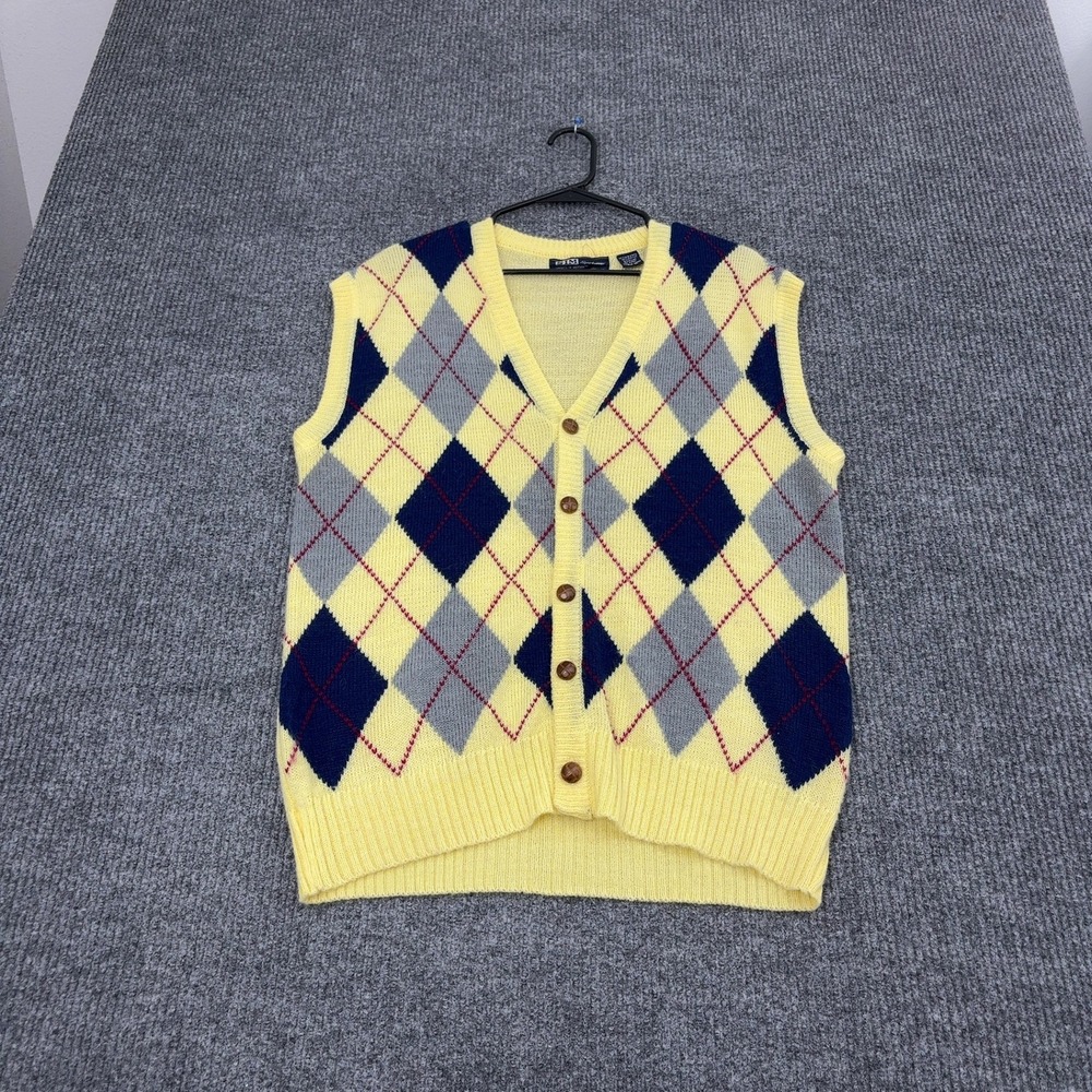 Vintage SIM Sportswear Sweater Vest Mens XL Yellow Acrylic Argyle V-Neck Preppy